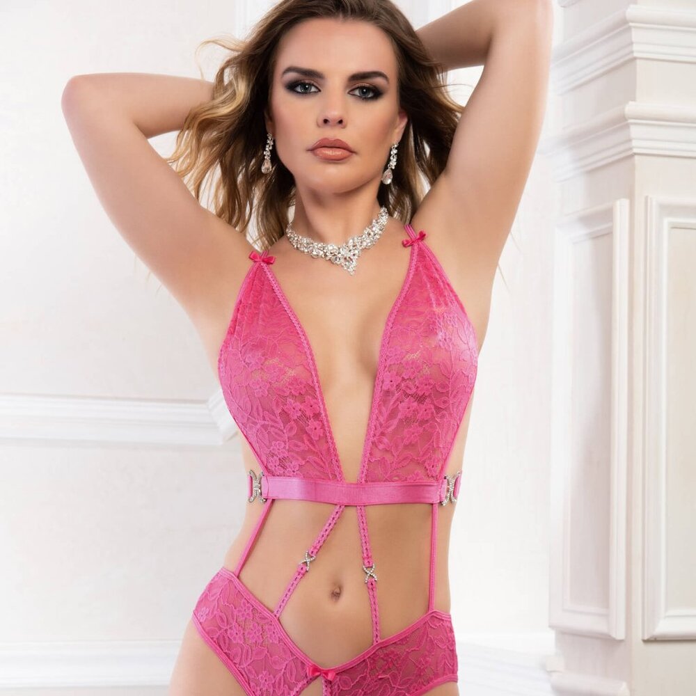 G World Intimates OH2402 Raspberry Rose Lace Teddy Open Crotch One Size Lingerie